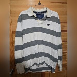 American Eagle Gray and White Striped Long Sleeve Polo - Vintage